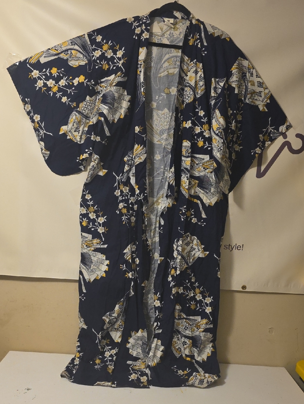 Navy Floral Kimono Robe with Yellow & White Accents